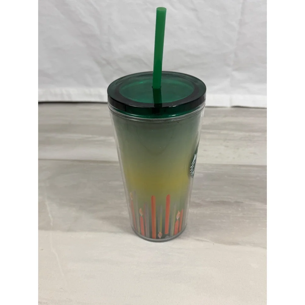 Starbucks 2021 Holiday Candle Gradient Acrylic ColdCup Tumbler 16oz Green Yellow